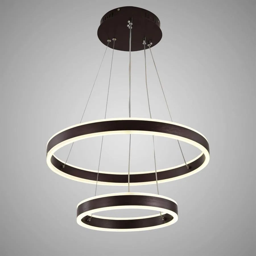 LED -csillár, 180W távvezérléssel, 2 kör, hideg/forró/semleges fény, instabil, barna, állítható magasságú felfüggesztett.