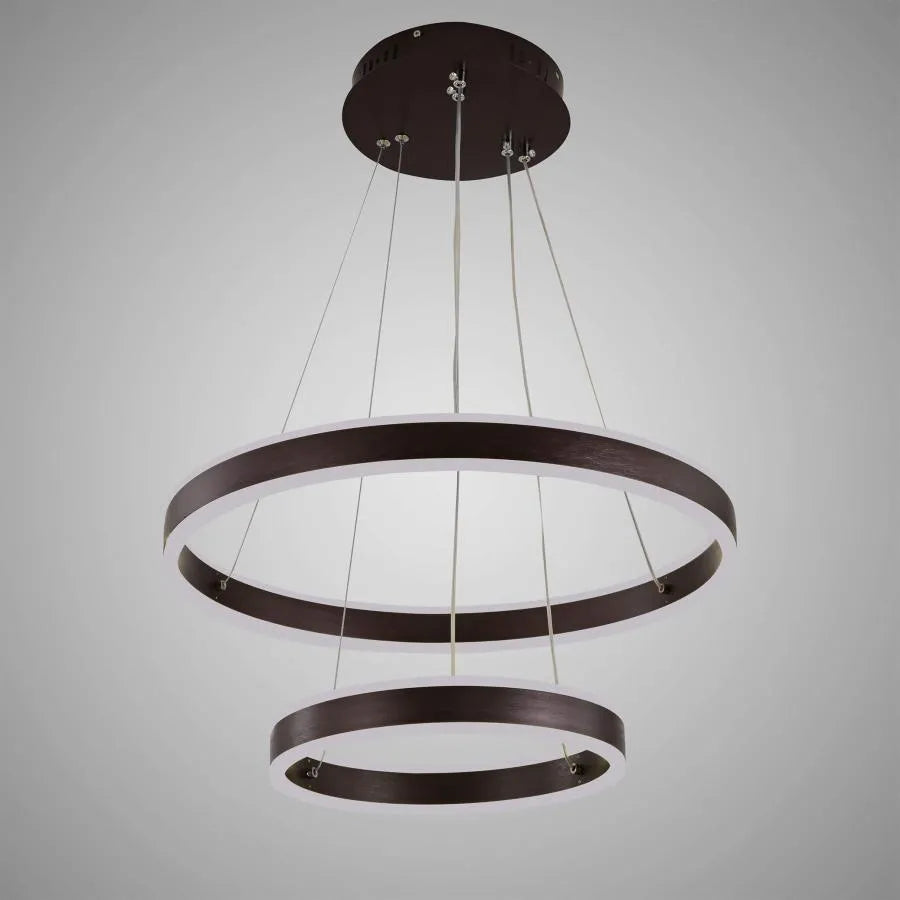 LED -csillár, 180W távvezérléssel, 2 kör, hideg/forró/semleges fény, instabil, barna, állítható magasságú felfüggesztett.