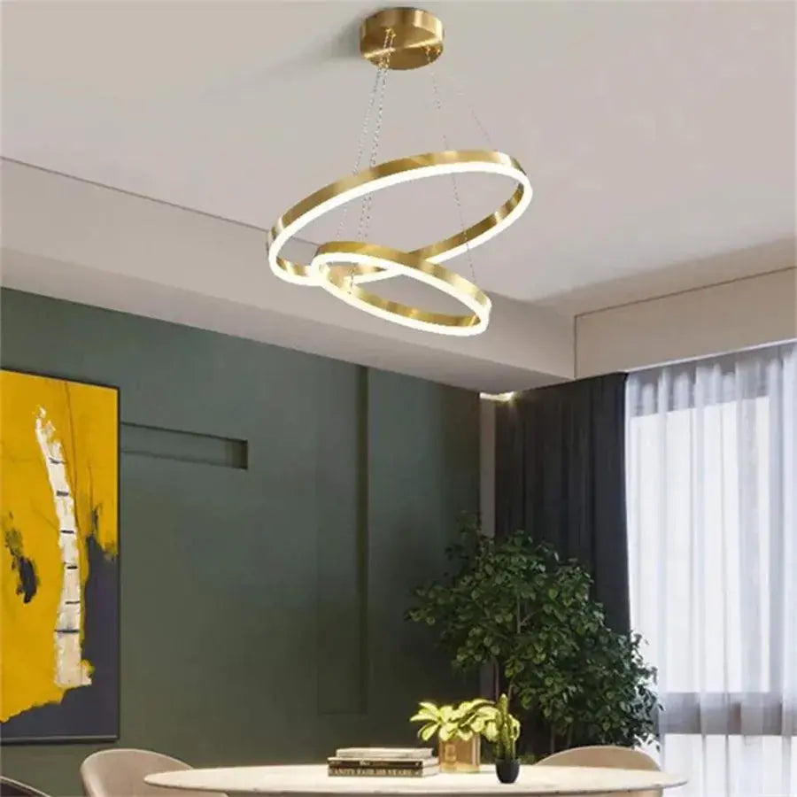 LED -csillár, amelyet távirányítóval felfüggesztettek azariah 112W, 2 kör, hideg/forró/semleges fény, instabil, fényes arany, állítható magasság