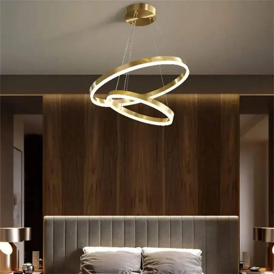 LED -csillár, amelyet távirányítóval felfüggesztettek azariah 112W, 2 kör, hideg/forró/semleges fény, instabil, fényes arany, állítható magasság