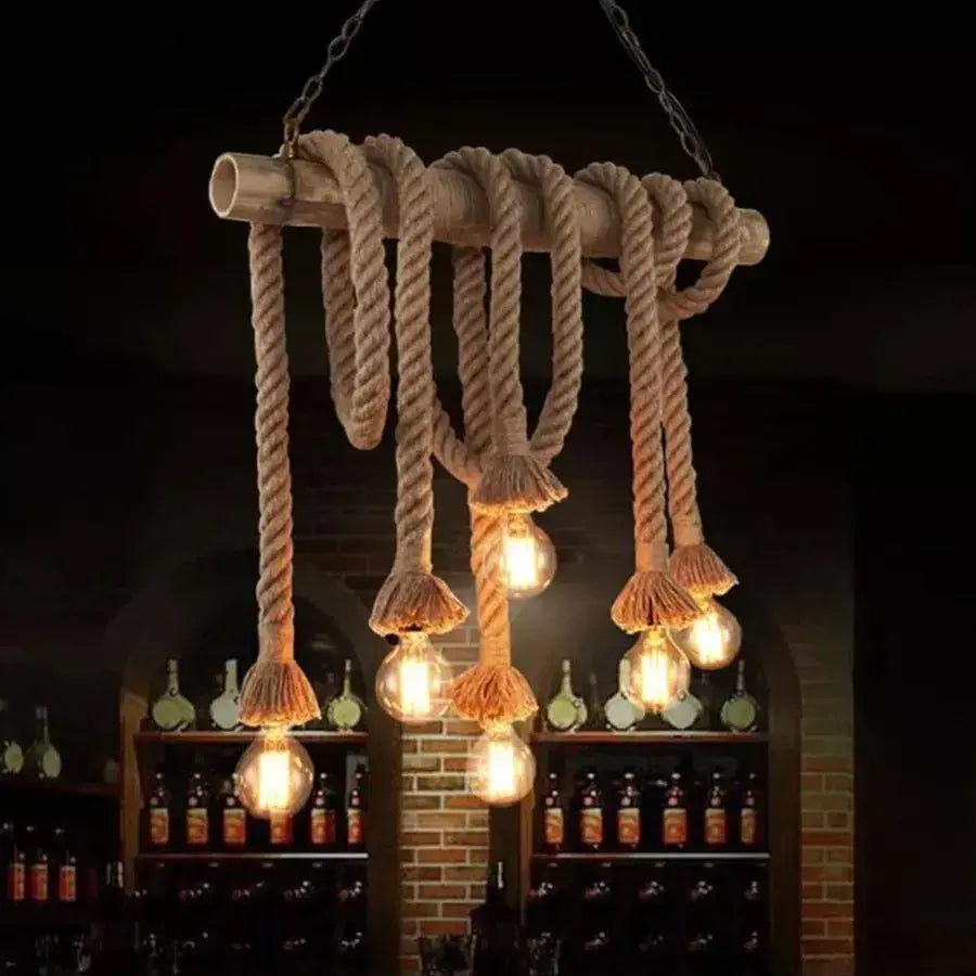 Retro Chandelier, 6*E27, Brown, Bambusz és kötél