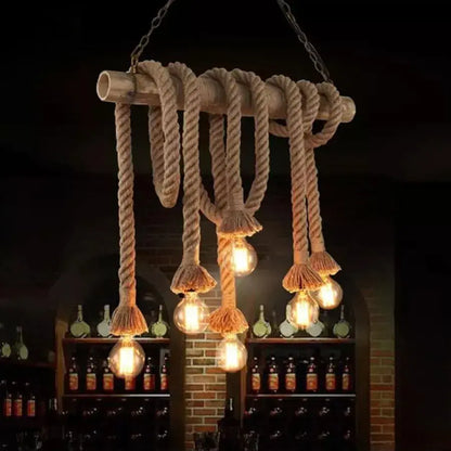 Retro Chandelier, 6*E27, Brown, Bambusz és kötél