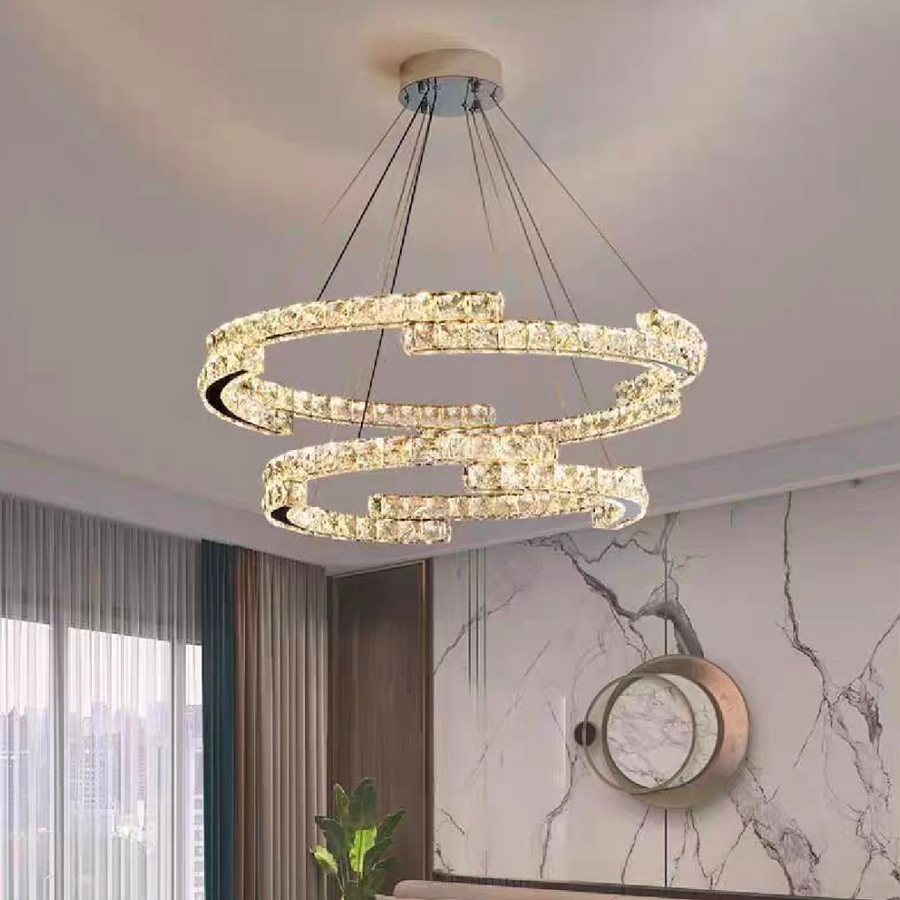 LED -csillár, távirányítóval és Crystal Mia Latifah 70W -vel felfüggesztve, 2 kör, hideg/forró/semleges fény, instabil, fényes króm, állítható magasság