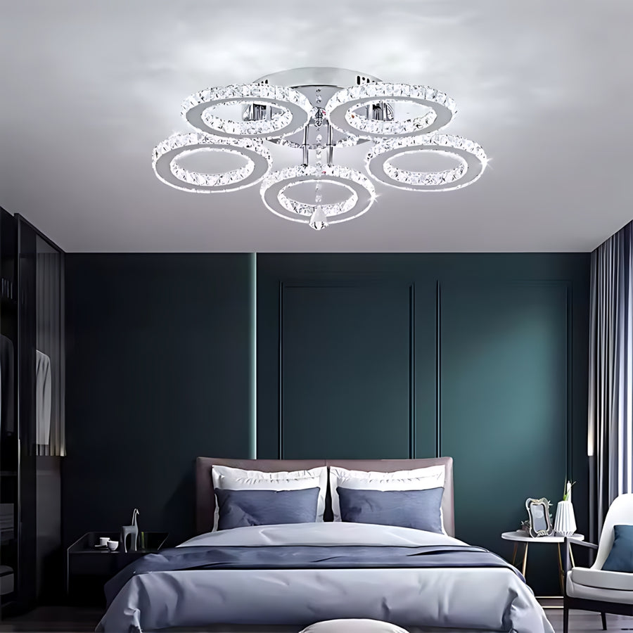 LED -csillár távirányítóval és Crystal Alanubis 61W, 5 kör, hideg/forró/semleges fény, under, fényes króm