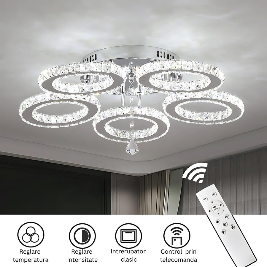 LED -csillár távirányítóval és Crystal Alanubis 61W, 5 kör, hideg/forró/semleges fény, under, fényes króm
