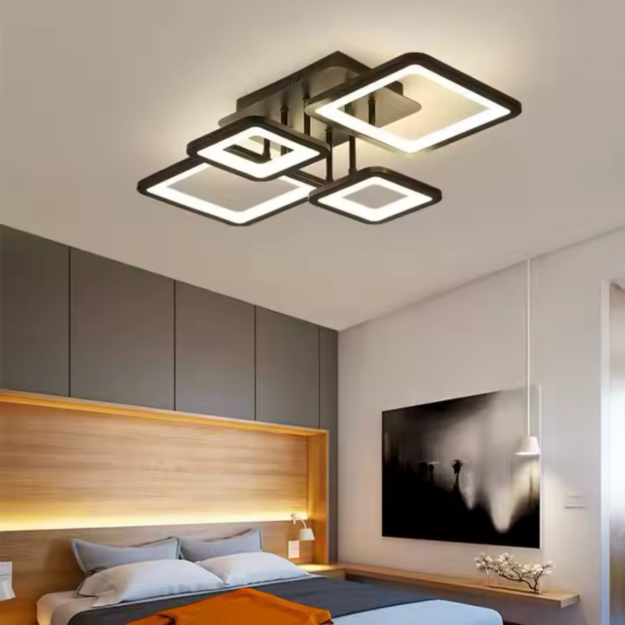LED -csillár távirányítóval Ella 85W, 4 négyzet, hideg/forró/semleges fény, instabil, fekete