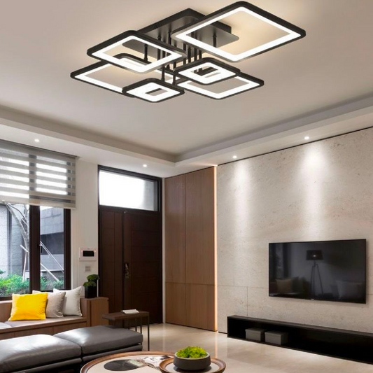 LED -csillár távirányítóval, Ella, 6 négyzet, 124W, hideg/forró/semleges fény, instabil, fekete