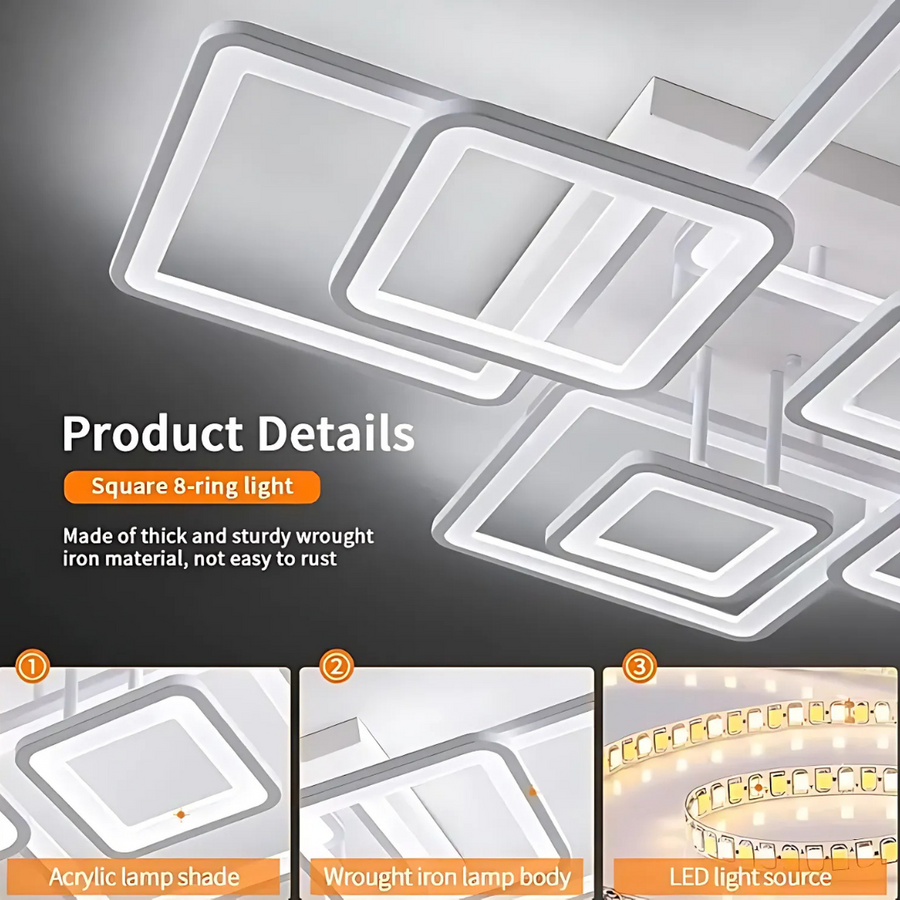 LED -csillár távirányítóval Ella 203W, 8 négyzet, hideg/forró/semleges fény, instabil, fehér