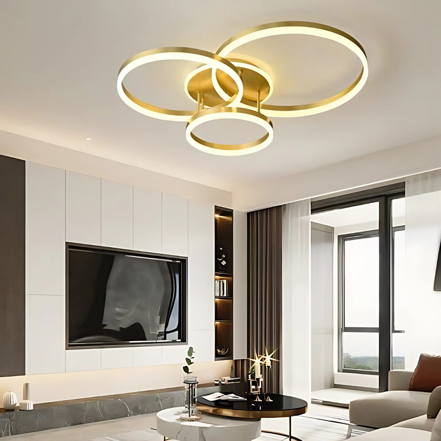 LED -csillár távirányítóval Riga Lilith 94W, 3 kör, hideg/forró/semleges fény, zsíros, fényes arany