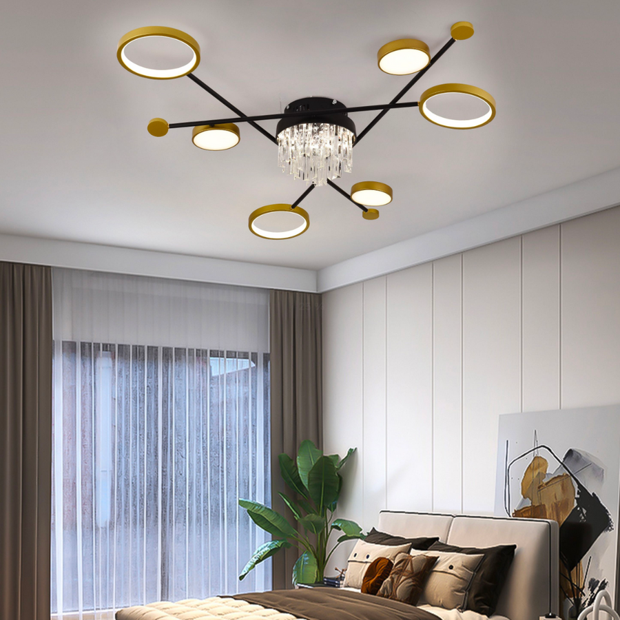 LED -csillár távirányítóval és Guida 38W kristály, 6 elem, hideg/forró/semleges fény, under, aranyfekete