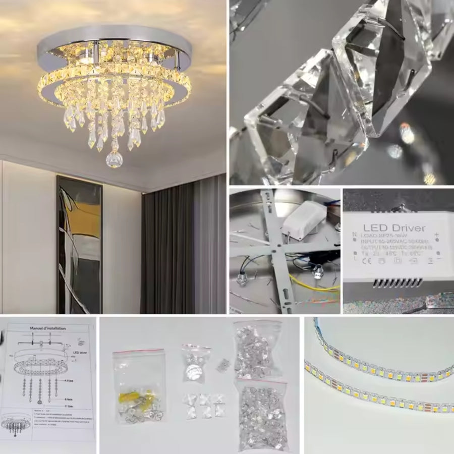 Kerek alberiai LED -csillár, 20W, hideg/forró/semleges fény, kristály, fényes króm