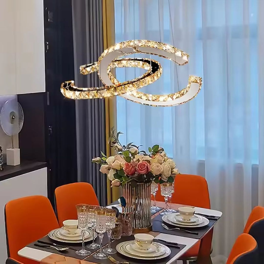 LED -csillár, amelyet távirányítóval és kristályprizmával felfüggesztettek, antitea 40W, 2 kör, hideg/forró/semleges fény, instabil, fényes króm, állítható magasság