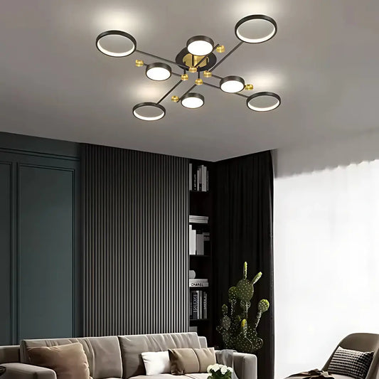 Lustra LED cu Telecomnda MARIA, 63W, 8 Elemente, Lumina Calda/Rece/Neutra, Dimabila, Negru/Auriu