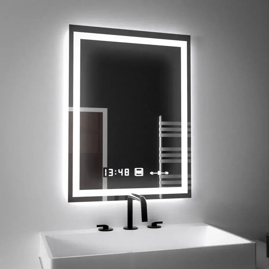 Téglalap alakú LED -tükör, 45x60 cm, Verite MotionGlow Marcello, helyettes rendszer, óra és hőmérő, dimálható