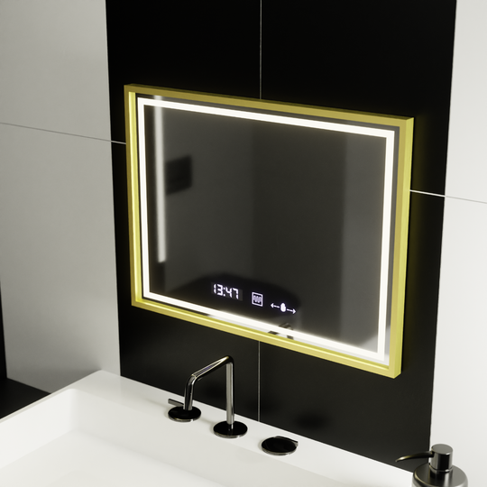 Téglalap alakú LED-es tükör, 80x60 cm, Verite Royale Gold MotionGlow Marcello, páramentesítő rendszer, óra és hőmérő, szabályozható tükrök Marcello alapértelmezett cím Alessandro Design