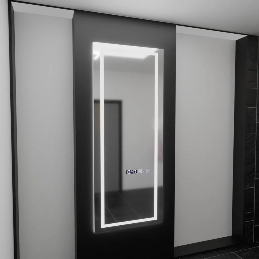 Téglalap alakú LED -tükör, 60x150 cm, Alessia érzékelő radar Marcello, Leírásító rendszer, óra és hőmérő, dimálható, öltözködés couture