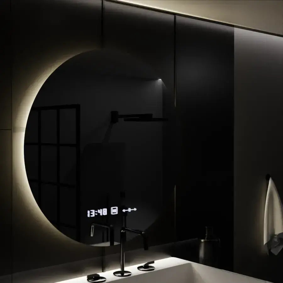 Kerek LED -tükör, 70 cm, Serenit MotionGlow Marcello, leolvasztási rendszer, óra és hőmérő, dimálható