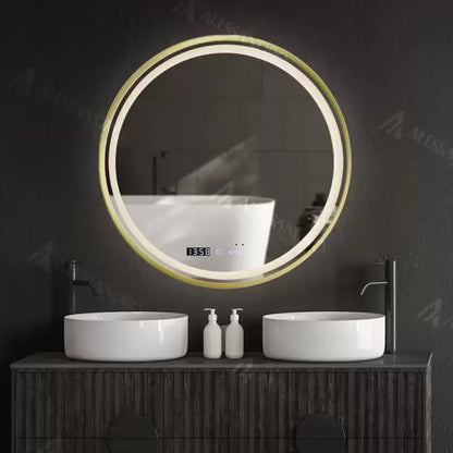 Kerek LED -tükör, 60 cm, Celeste Royale Gold Motionglow Marcello, helyettes rendszer, óra és hőmérő, dimálható