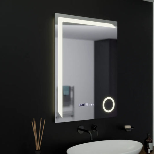 Téglalap alakú LED -tükör, 60x80 cm, precíziós mozgásgátló marcello, letiltási rendszer, óra és hőmérő, kozmetikai nagyító