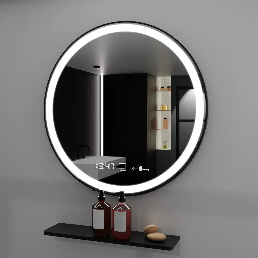 Kerek LED -tükör, 70 cm, Celeste Majeste Noir Motionglow Marcello, behatolási rendszer, óra és hőmérő, dimálható