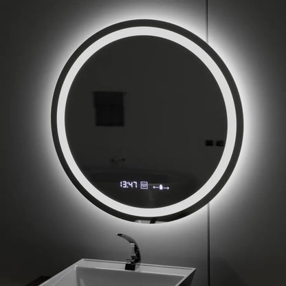 Kerek LED -tükör, 80 cm, Celeste Motionglow Marcello, Leírásító rendszer, óra és hőmérő, dimálható