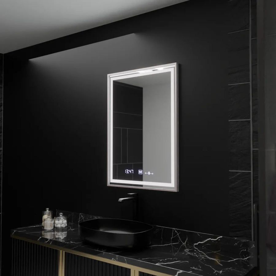 Téglalap alakú LED -tükör, 60x80 cm, verites birodalmi ezüst mozgás Glow Marcello, Deprover, óra és hőmérő, Dimable