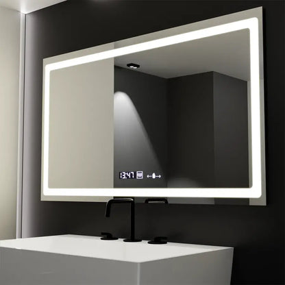 Téglalap alakú LED -tükör, 120x70 cm, sugárzó mozgásgátló marcello érzékelő, eltorzító rendszer, óra és hőmérő, daimable