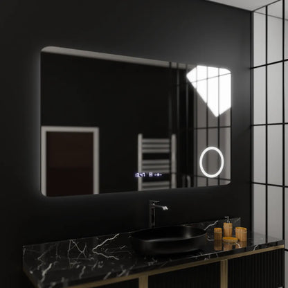 Téglalap alakú LED -tükör, 100x60 cm, Celeste MotionGlow Marcello, leolvasztási rendszer, óra és hőmérő, kozmetikai lupa, dimablable