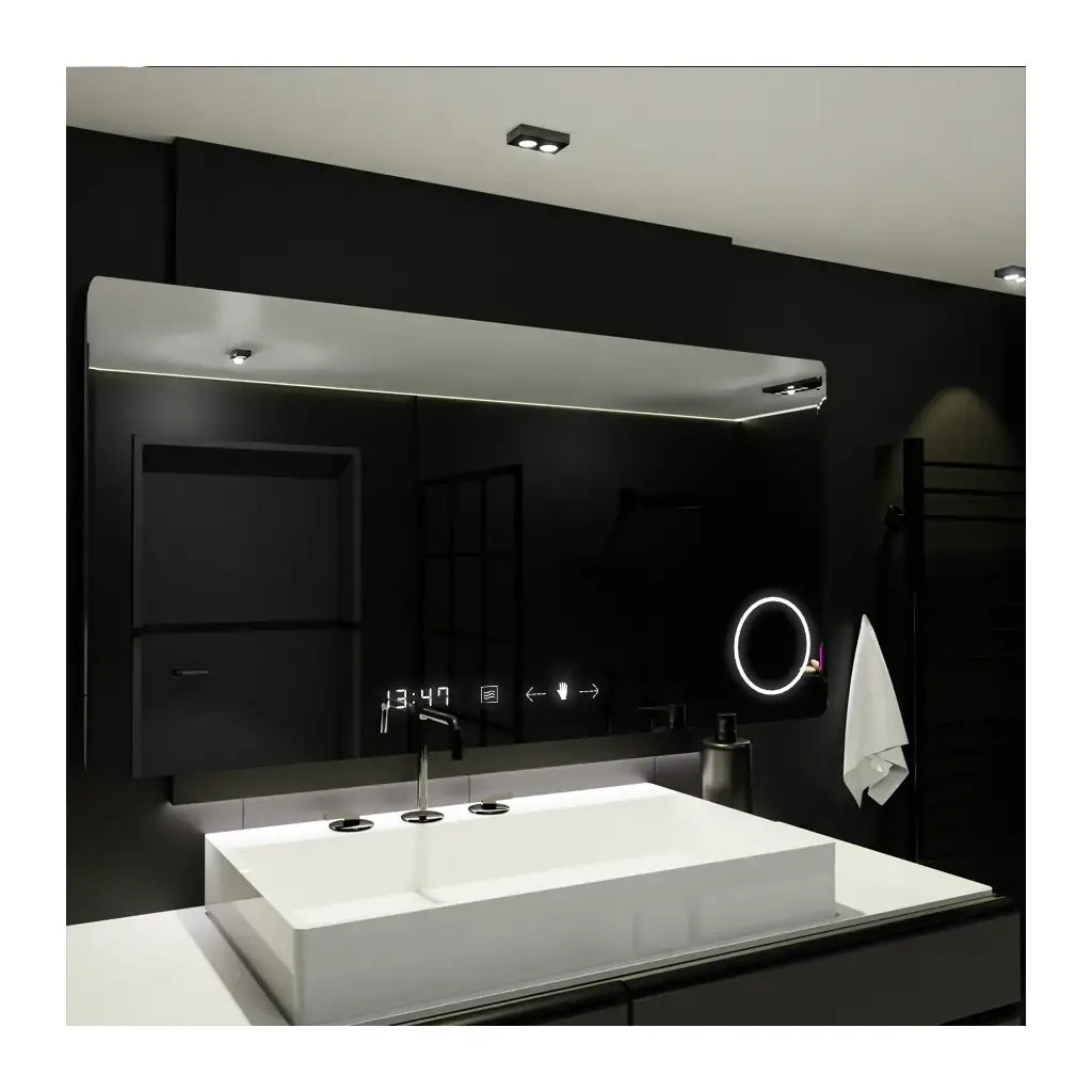 Téglalap alakú LED -tükör, 100x60 cm, Celeste MotionGlow Marcello, leolvasztási rendszer, óra és hőmérő, kozmetikai lupa, dimablable