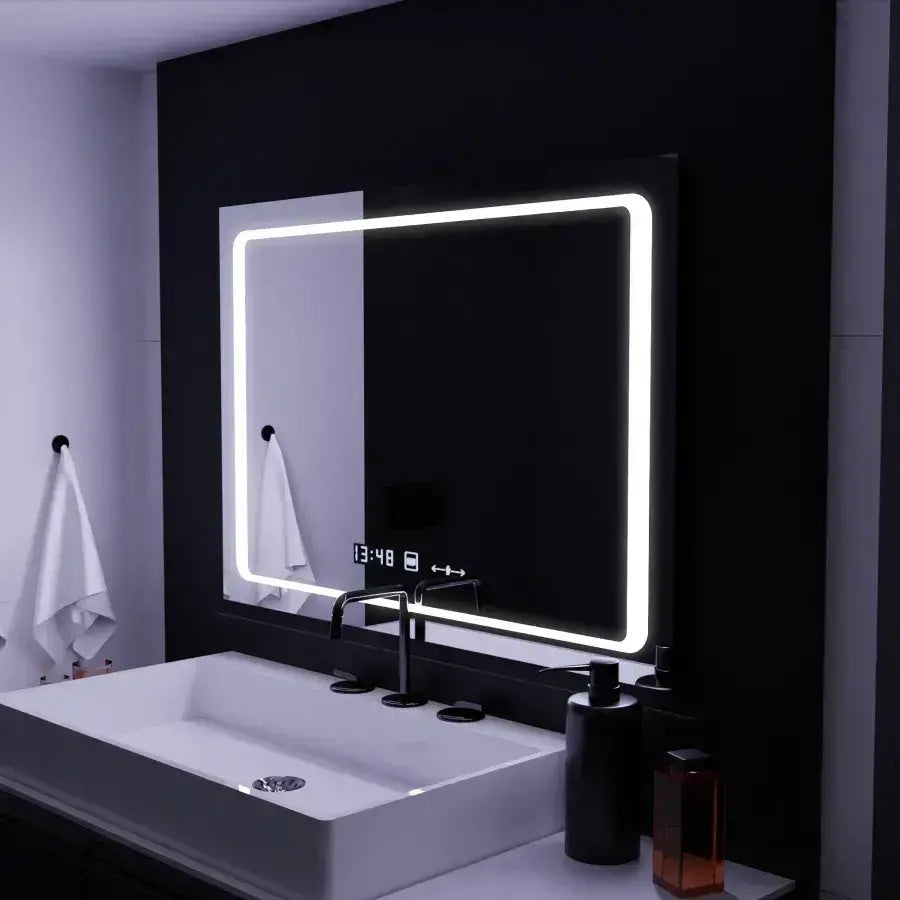Téglalap alakú LED -tükör, 90x60 cm, egyetlen érzékelő Marcello, depoilációs rendszer, óra és hőmérő, dimálva