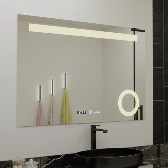 Négyszögletű LED-es tükör, 120x80 cm, ABSOLU MotionGlow Marcello, páramentesítő rendszer, óra és hőmérő, kozmetikai nagyító, fényerősíthető tükrök Marcello alapértelmezett cím Alessandro Design