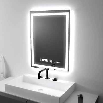 Téglalap alakú LED -tükör, 45x60 cm, Verite MotionGlow Marcello, helyettes rendszer, óra és hőmérő, dimálható