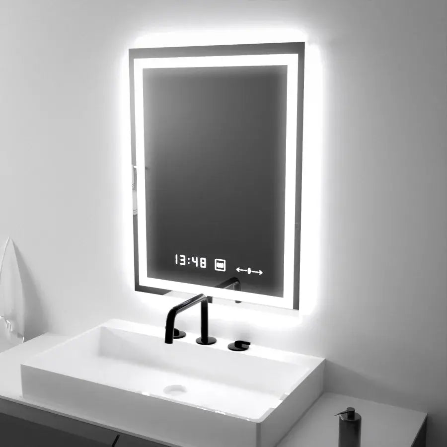 Téglalap alakú LED -tükör, 45x60 cm, Verite MotionGlow Marcello, helyettes rendszer, óra és hőmérő, dimálható
