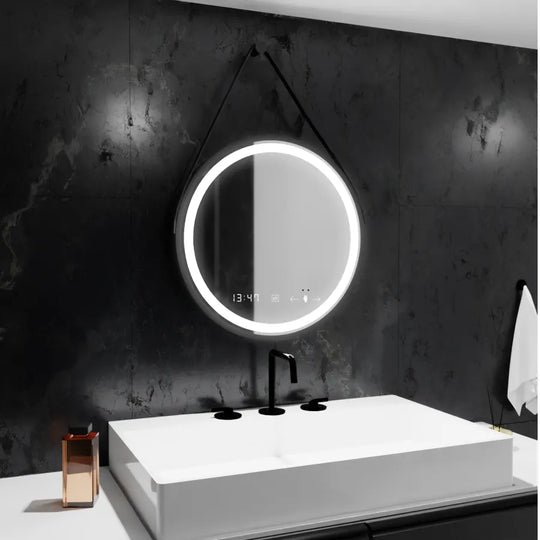 LED-es kerek tükör, 50 cm, Celeste Majeste Noir Eleve MotionGlow Marcello, páramentesítő rendszer, óra és hőmérő, szabályozható tükrök Marcello alapértelmezett cím Alessandro Design