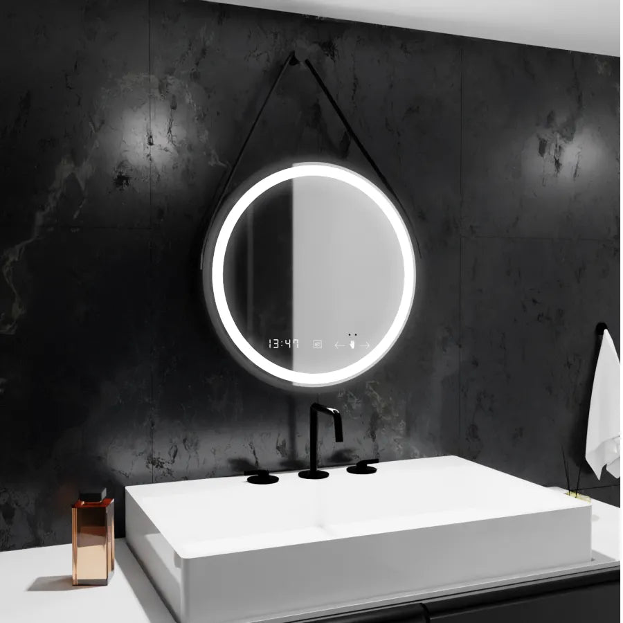 Kerek LED -tükör, 50 cm, Celeste Majes Noir Noir Motionglow Marcello, letiltási rendszer, óra és hőmérő, Davable