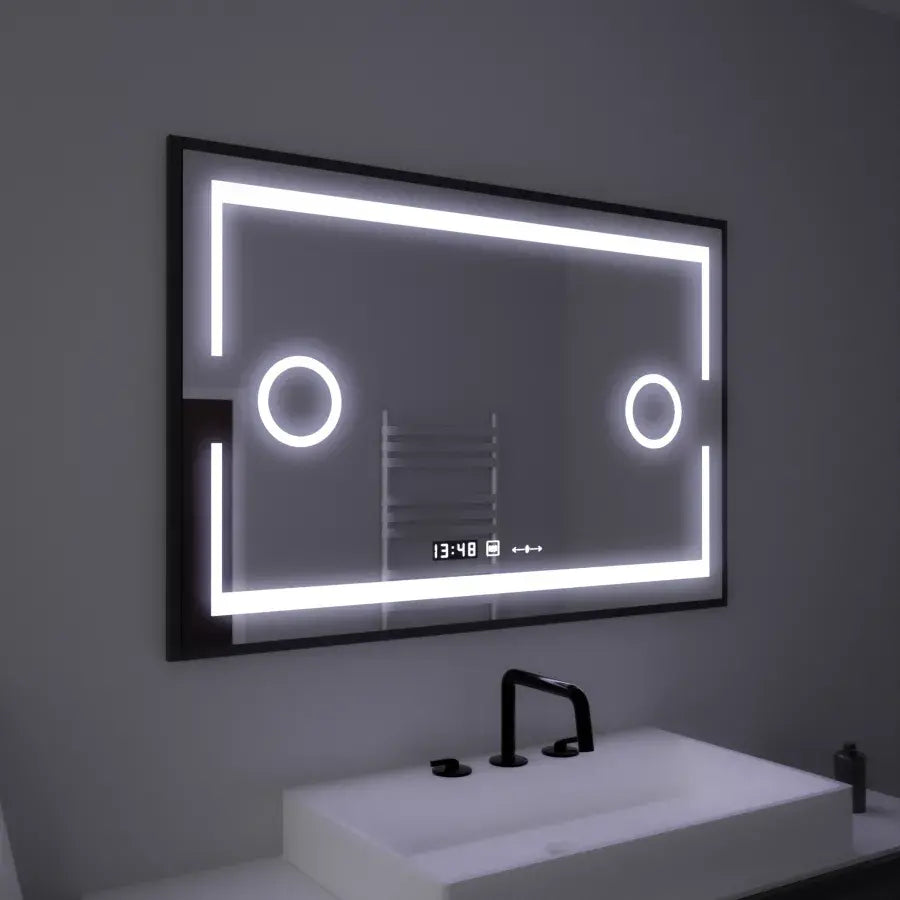 Téglalap alakú LED -tükör, 120x80 cm, MotionGlow Marcello érzékelő, letiltási rendszer, óra és hőmérő, kozmetikai nagyító