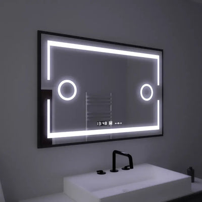 Téglalap alakú LED -tükör, 120x80 cm, MotionGlow Marcello érzékelő, letiltási rendszer, óra és hőmérő, kozmetikai nagyító