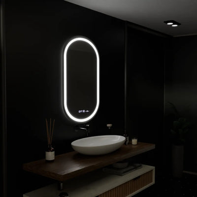 Ovális LED -tükör 50x80cm kiemelkedés mozgásgátló marcellow dimable órarendszer és dimálható hőmérő