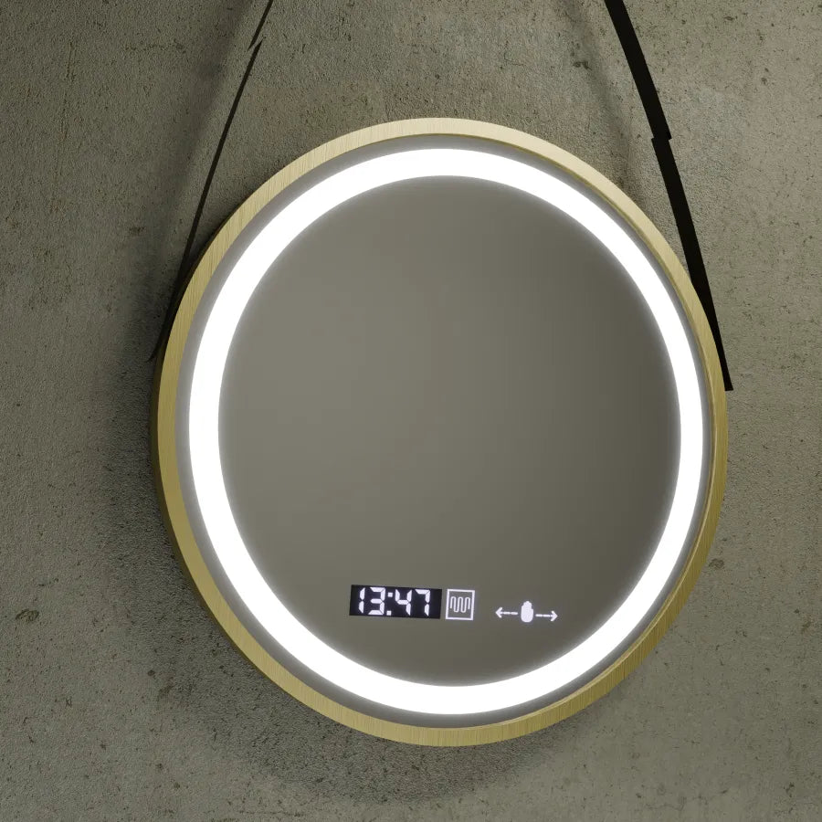 Kerek LED -tükör, 60 cm, Celeste Royale Gold EleVe MotionGlow Marcello, Deletelő Rendszer, óra