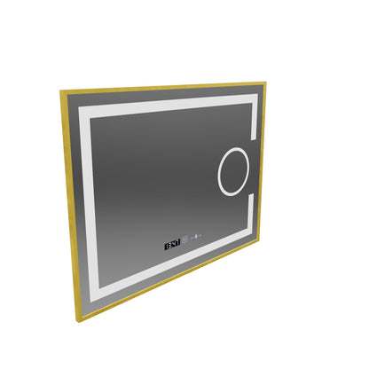 Téglalap alakú LED -tükör, 80x60 cm, Eclat MotionGlow Marcello, helyettes rendszer, óra és hőmérő, kozmetikai lup, dimablázható, arany ramacsiszolt