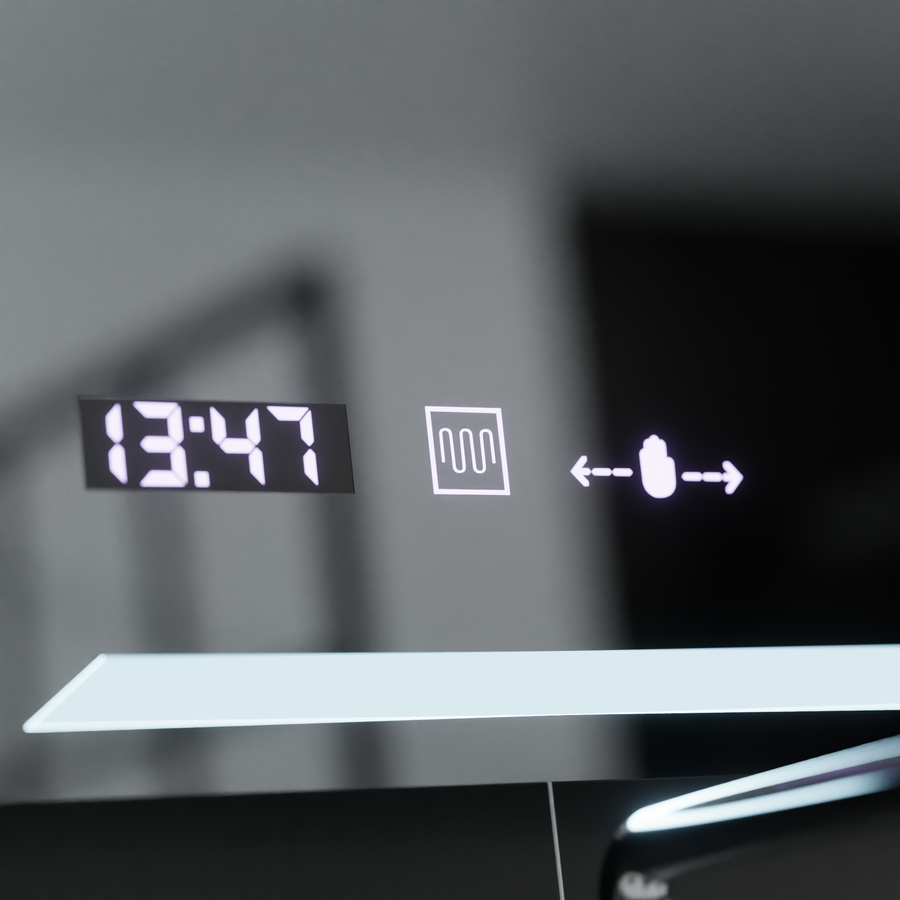 Téglalap alakú LED -tükör, 60x80 cm, Rayonement MotionGlow Marcello, Disfiguration System, óra és hőmérő, Daimable